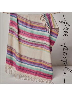 Free People Skye Stripe Colorful Boho Chunky Fringe Throw Blanket 60”x51”